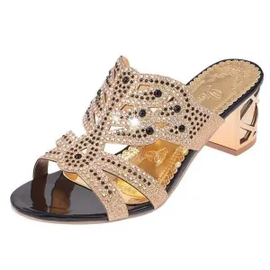 Open Toe Chunky Heels Women Sandals Leather Rhinestones Party Shoes Girls Crystals Casual Beach Flip Flops