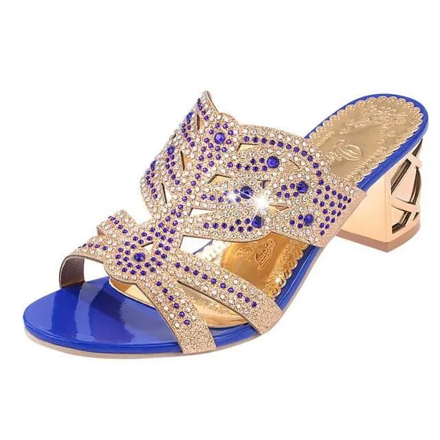 Open Toe Chunky Heels Women Sandals Leather Rhinestones Party Shoes Girls Crystals Casual Beach Flip Flops