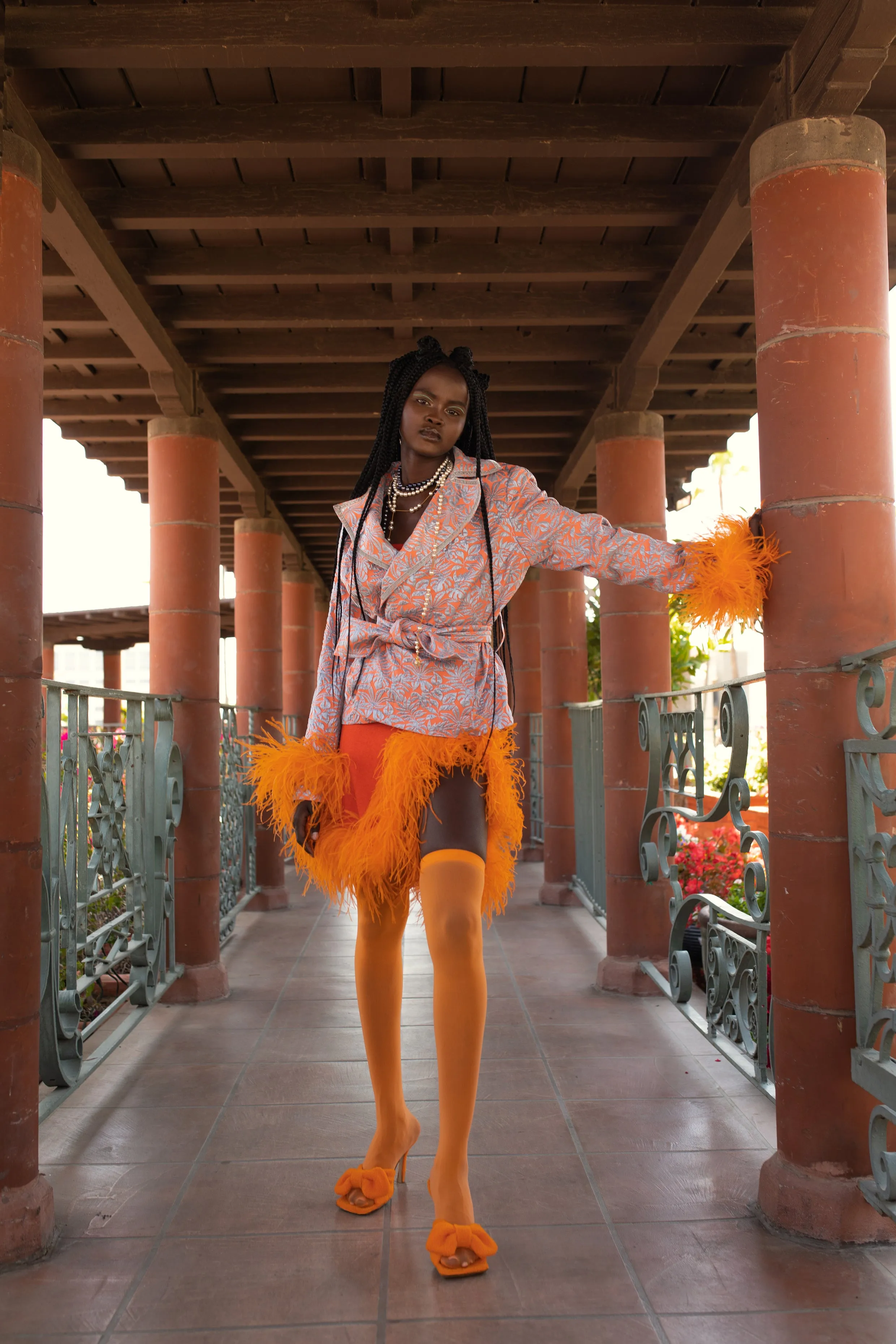 Orange Knit Skirt-Dress With Feather Details