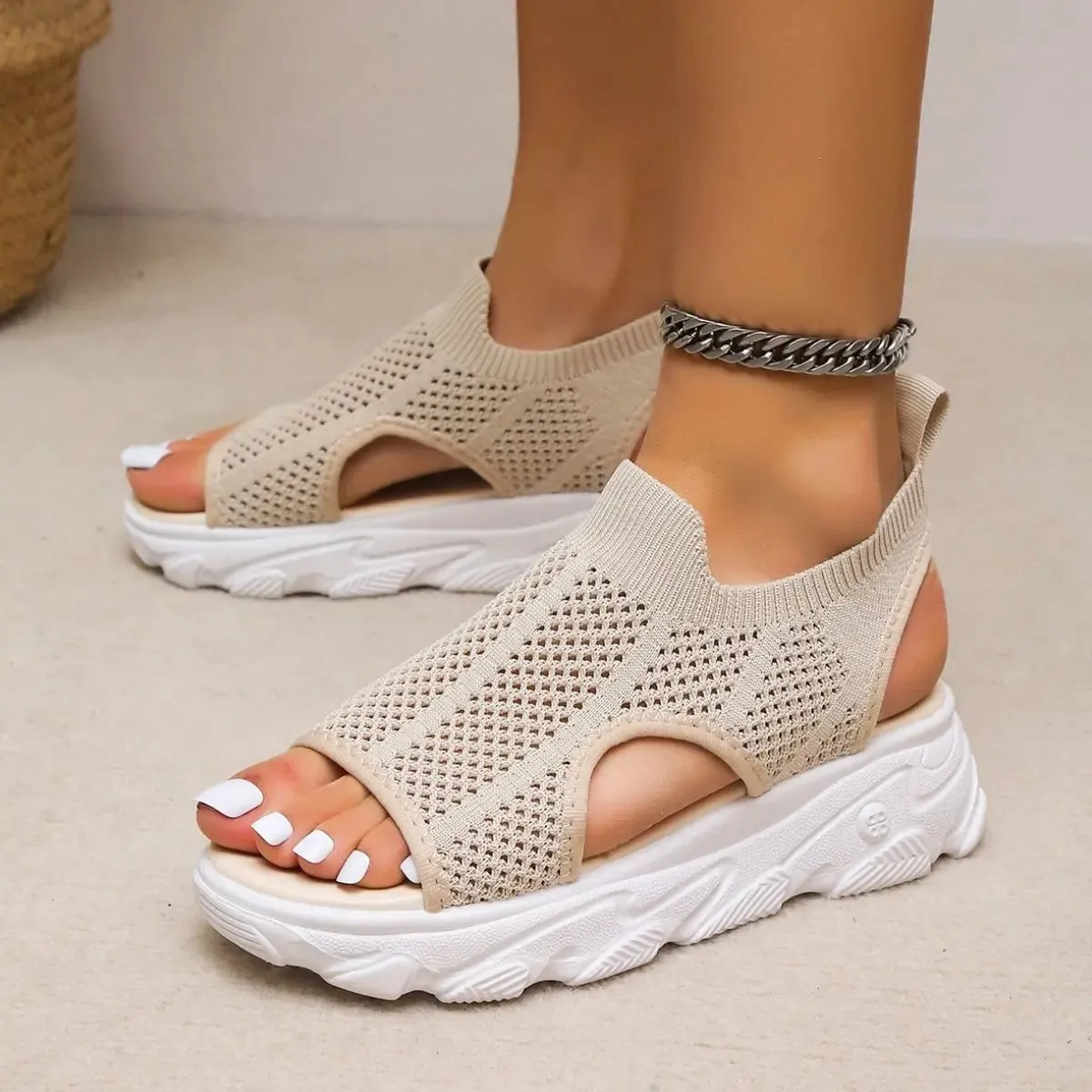 Peep Toe Cutout Mesh Sandals