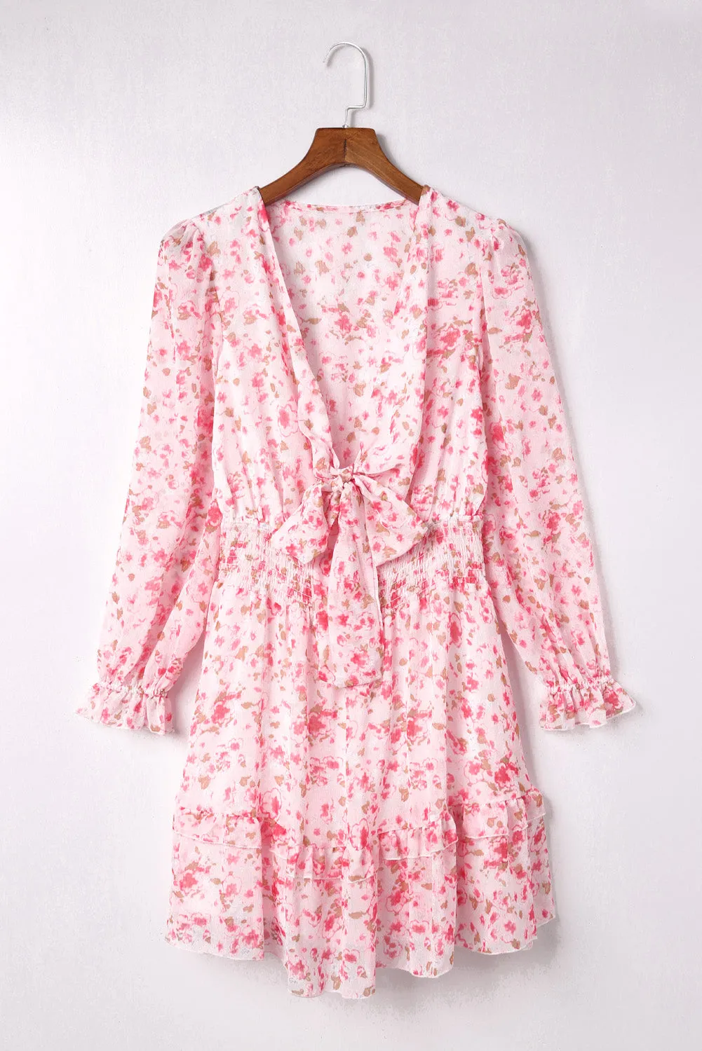 Pink Deep V Neck Lantern Sleeve Knotted Tiered Mini Dress