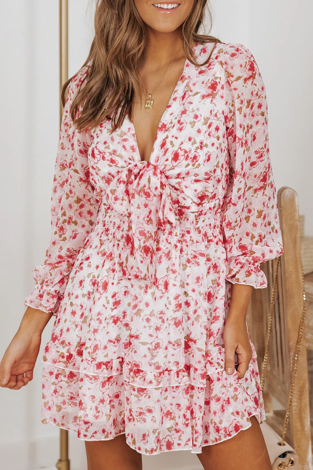 Pink Deep V Neck Lantern Sleeve Knotted Tiered Mini Dress