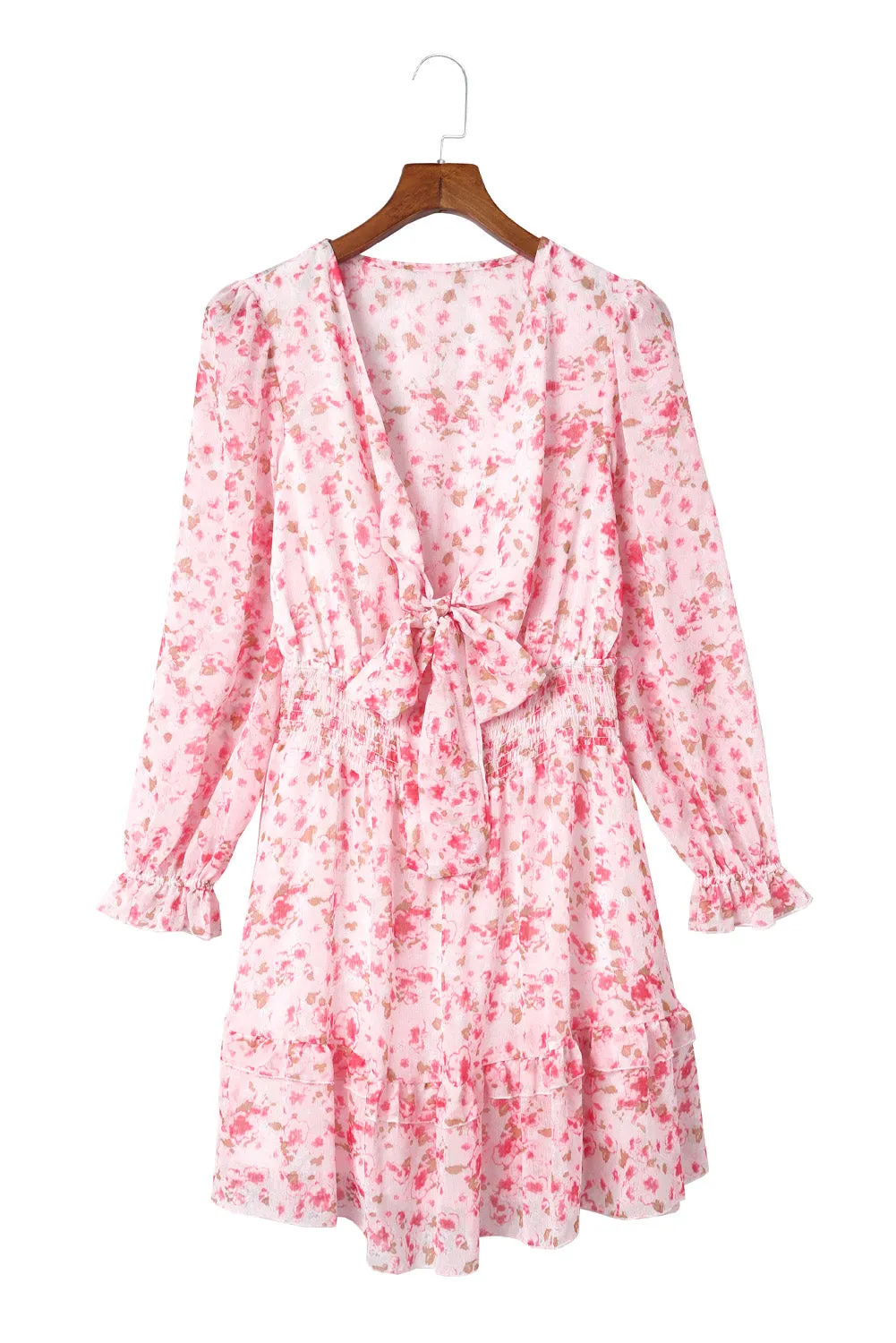 Pink Deep V Neck Lantern Sleeve Knotted Tiered Mini Dress