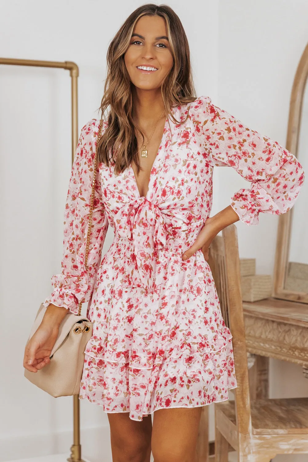 Pink Deep V Neck Lantern Sleeve Knotted Tiered Mini Dress