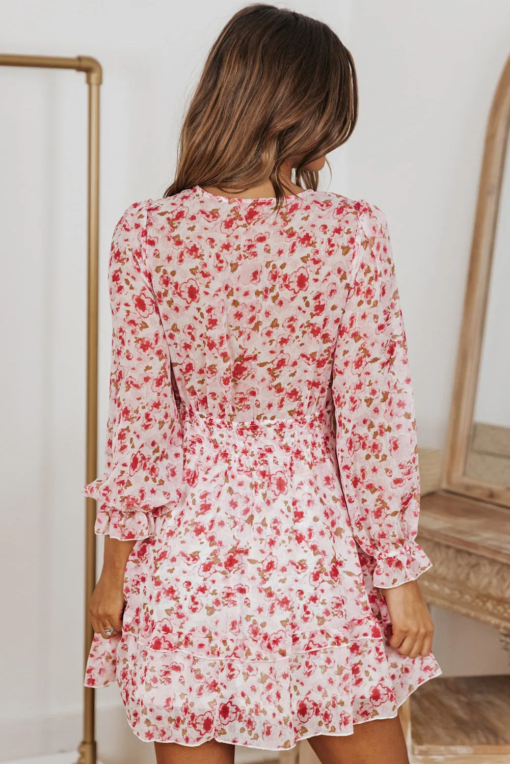 Pink Deep V Neck Lantern Sleeve Knotted Tiered Mini Dress