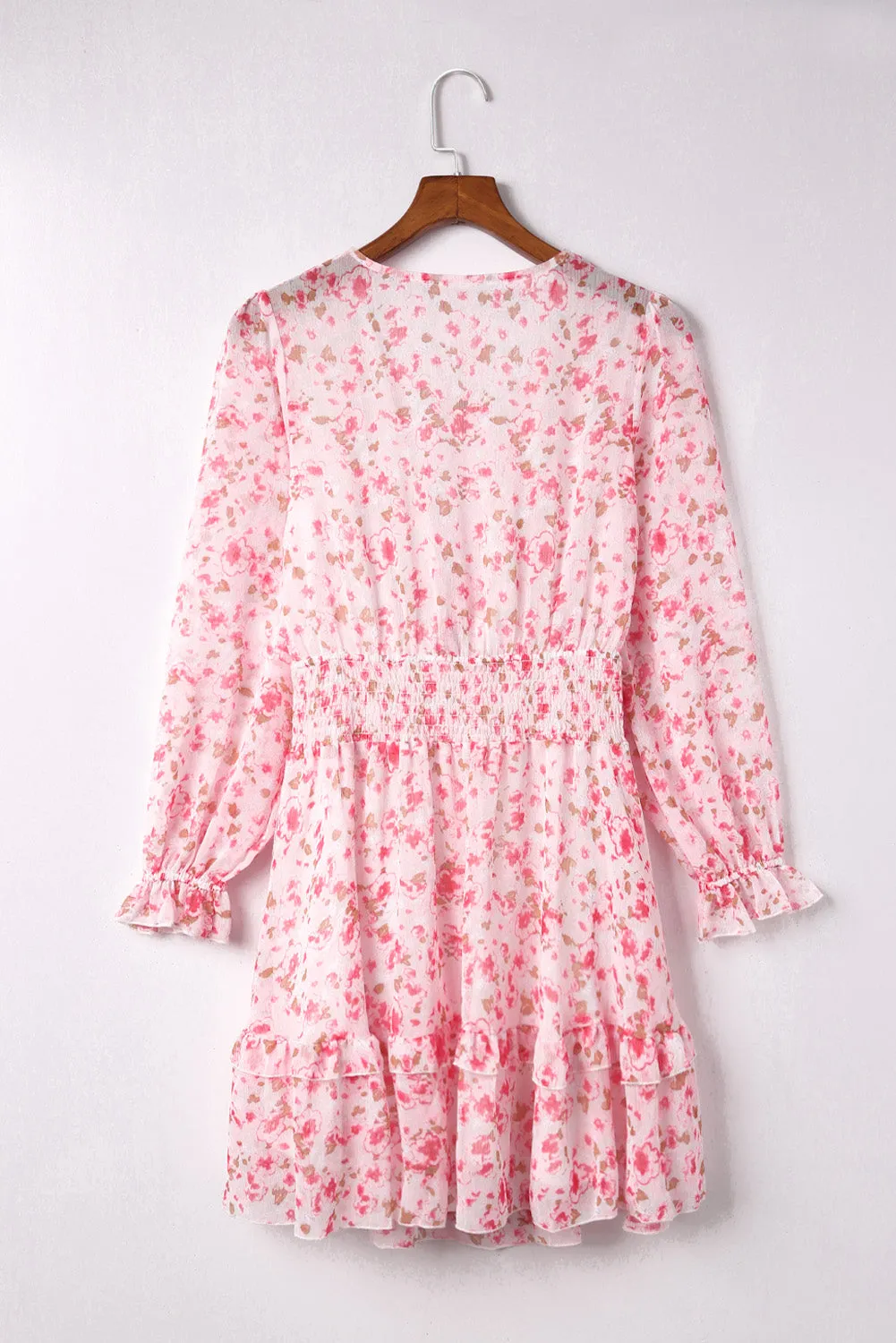 Pink Deep V Neck Lantern Sleeve Knotted Tiered Mini Dress