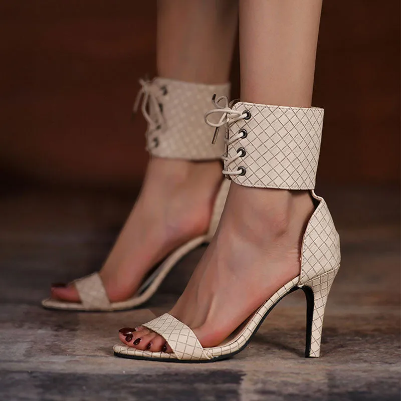 Plaid Pattern Pointed Toe Bandage Heels