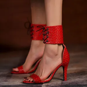 Plaid Pattern Pointed Toe Bandage Heels