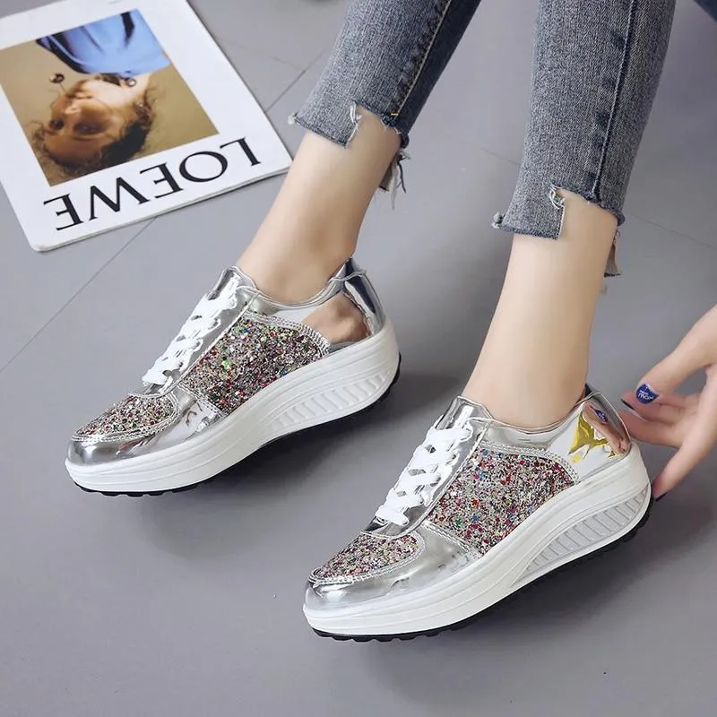 Platform Glitter Sneakers Silver Loafers