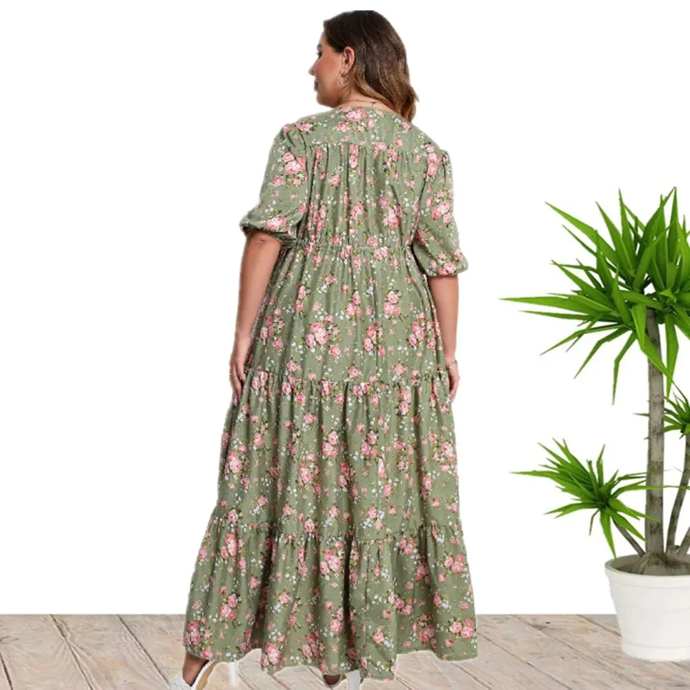 Plus Size Bohemian Floral Print Loose Dress For Women Half Sleeve Split Hem Maxi Dress