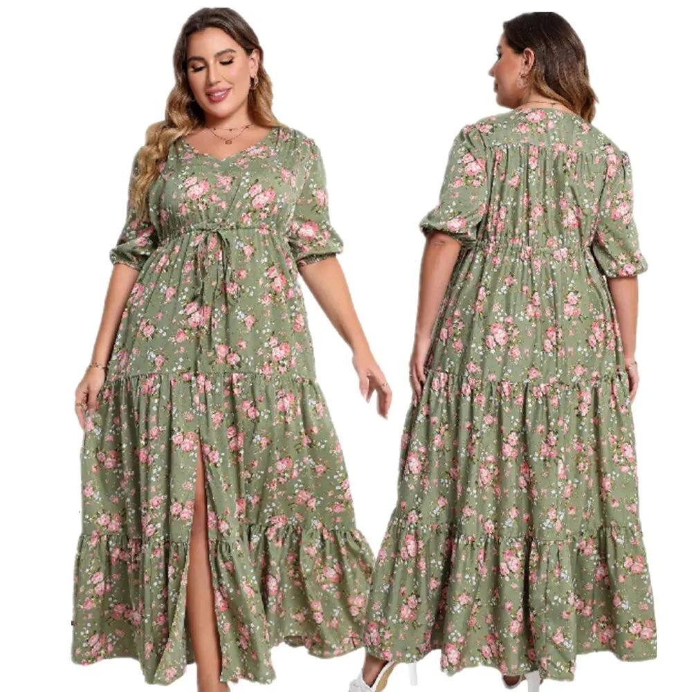 Plus Size Bohemian Floral Print Loose Dress For Women Half Sleeve Split Hem Maxi Dress