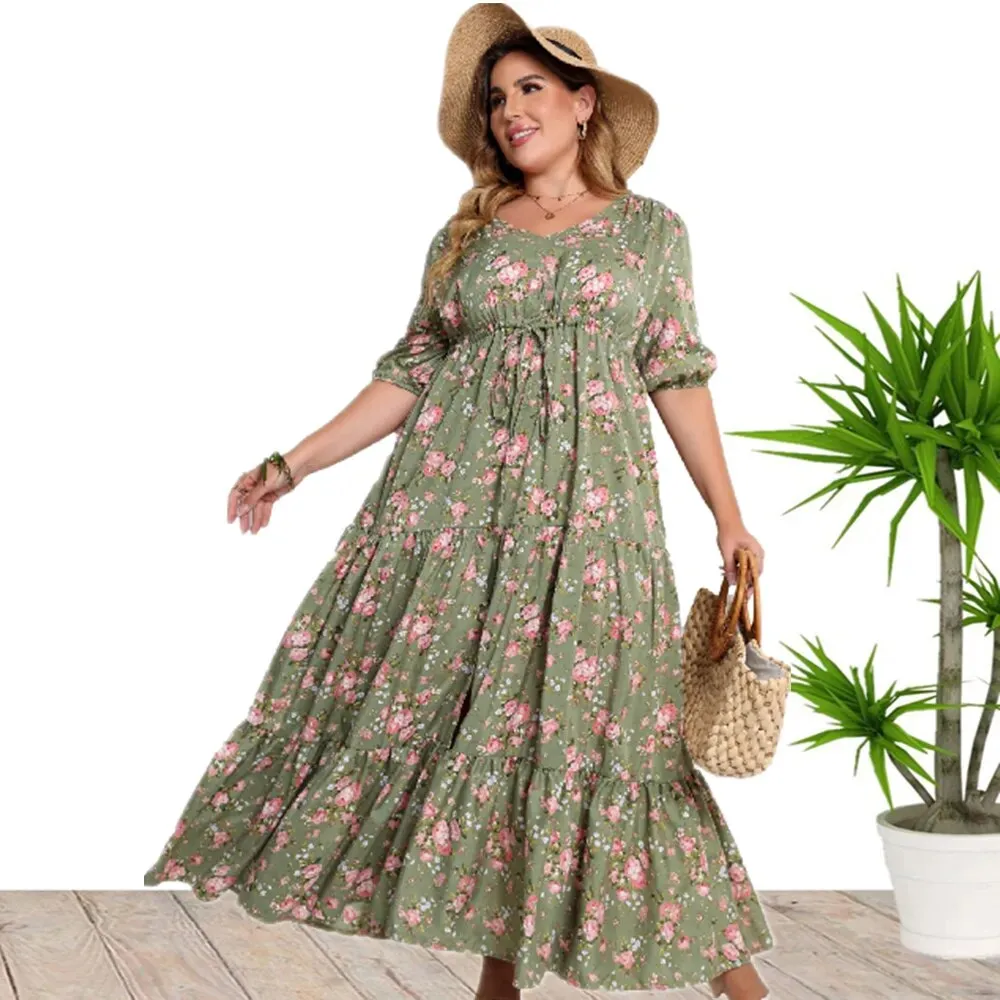 Plus Size Bohemian Floral Print Loose Dress For Women Half Sleeve Split Hem Maxi Dress