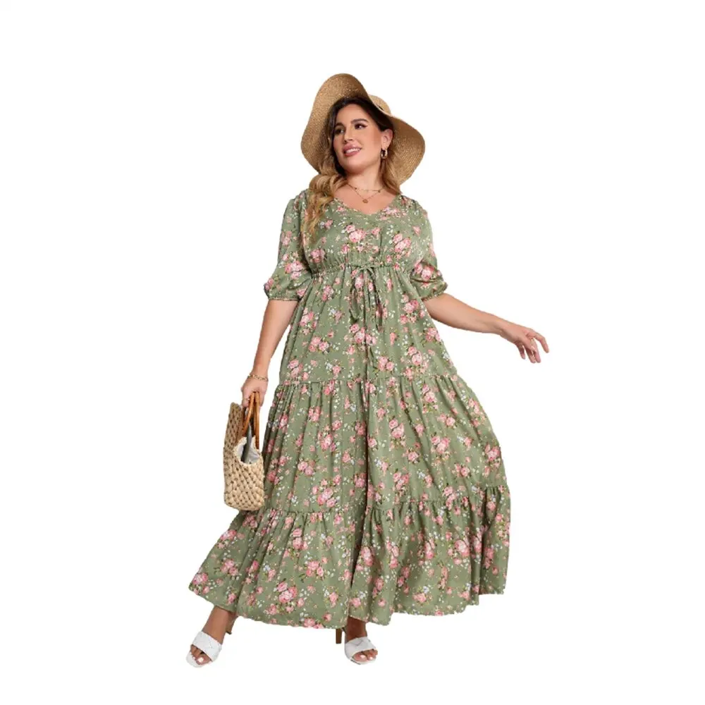 Plus Size Bohemian Floral Print Loose Dress For Women Half Sleeve Split Hem Maxi Dress
