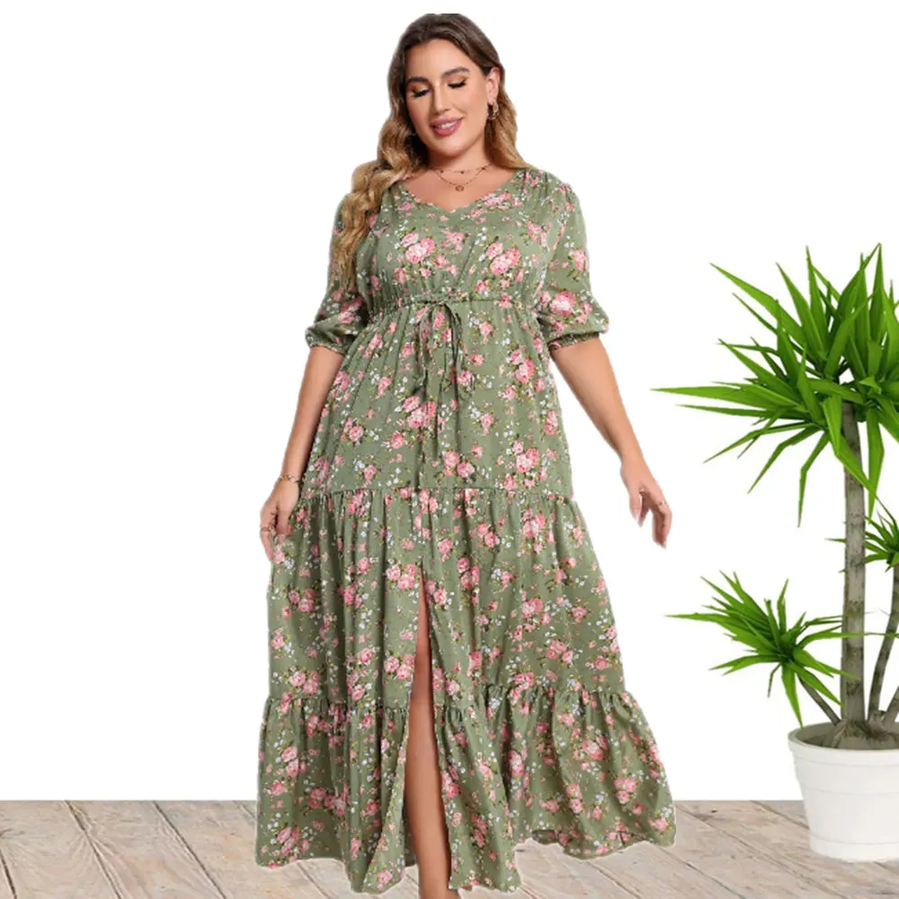 Plus Size Bohemian Floral Print Loose Dress For Women Half Sleeve Split Hem Maxi Dress