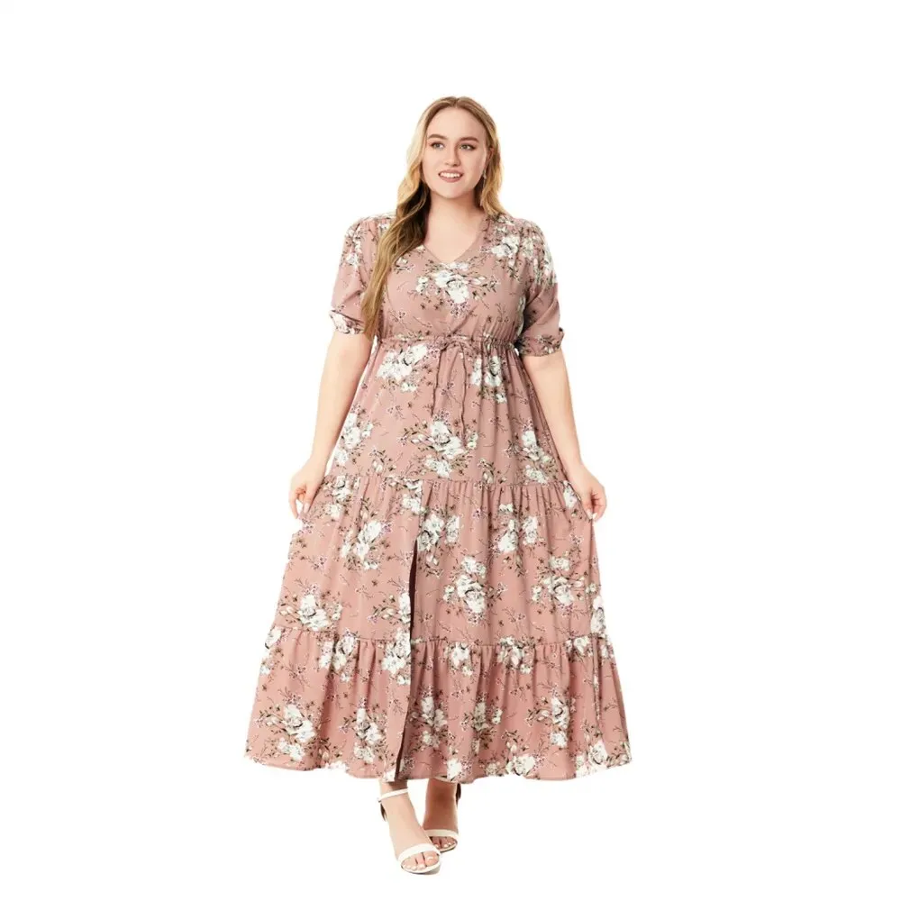 Plus Size Bohemian Floral Print Loose Dress For Women Half Sleeve Split Hem Maxi Dress