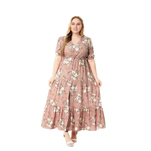 Plus Size Bohemian Floral Print Loose Dress For Women Half Sleeve Split Hem Maxi Dress