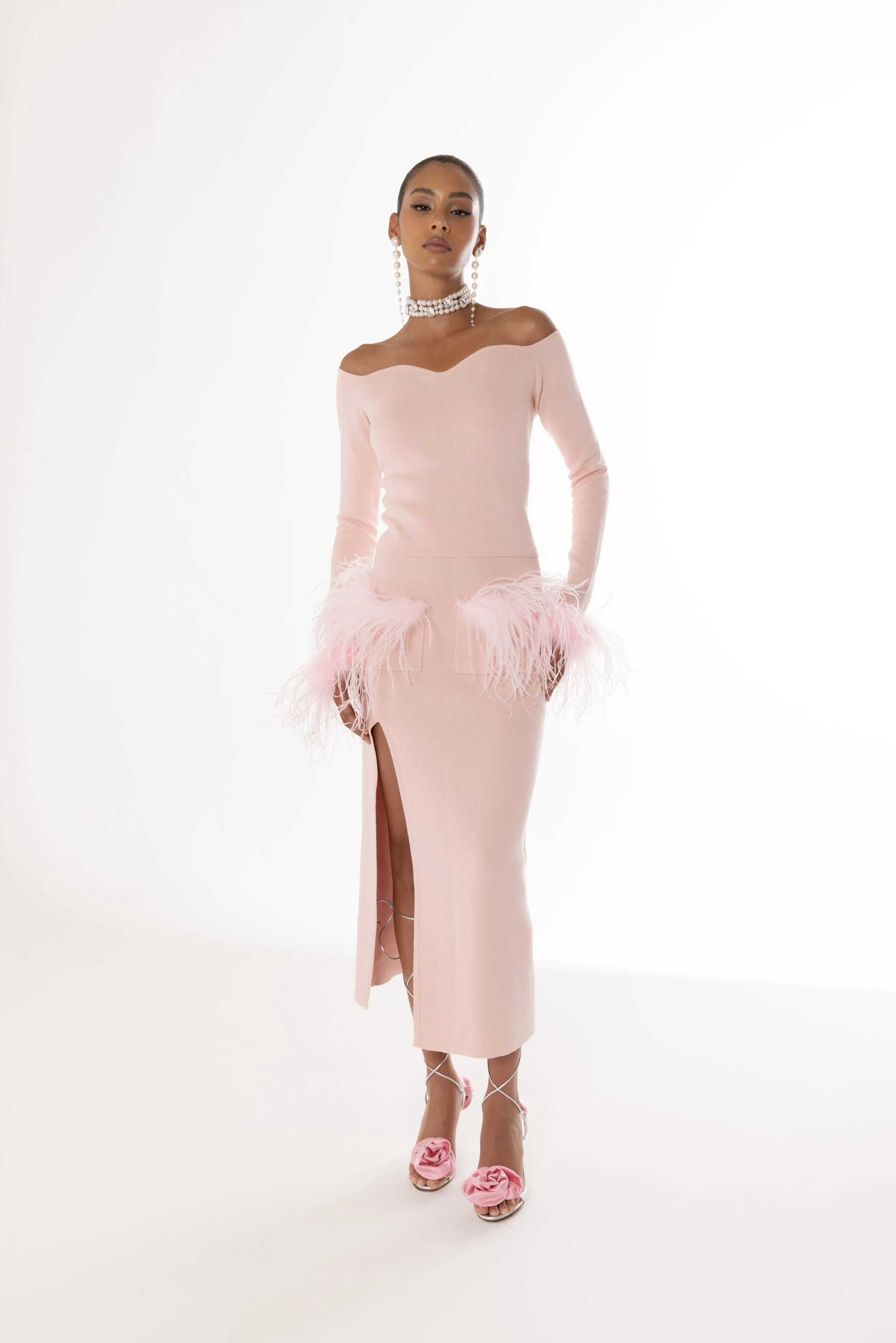 Powder Pink Vanilla Knit Skirt With Feathers