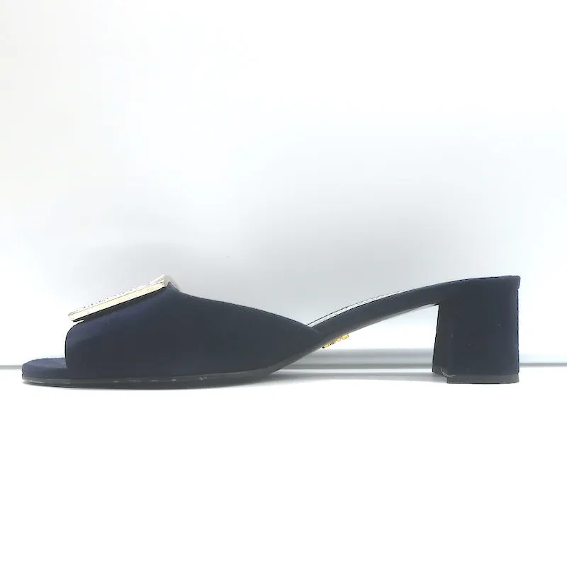 Prada Crystal Buckle Mules Navy Suede Size 38 Low-Heel Open Toe Sandals