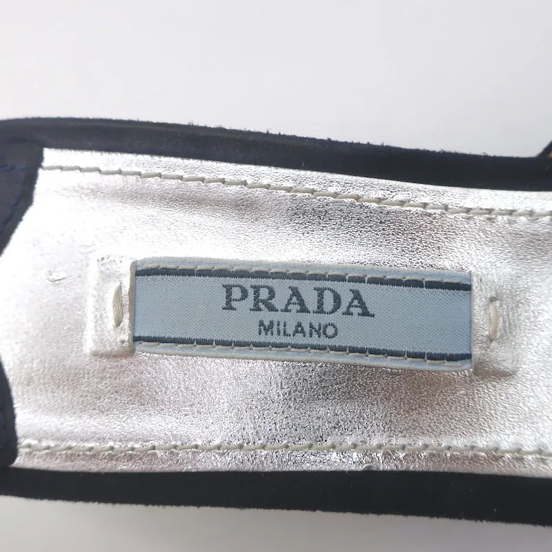 Prada Crystal Buckle Mules Navy Suede Size 38 Low-Heel Open Toe Sandals