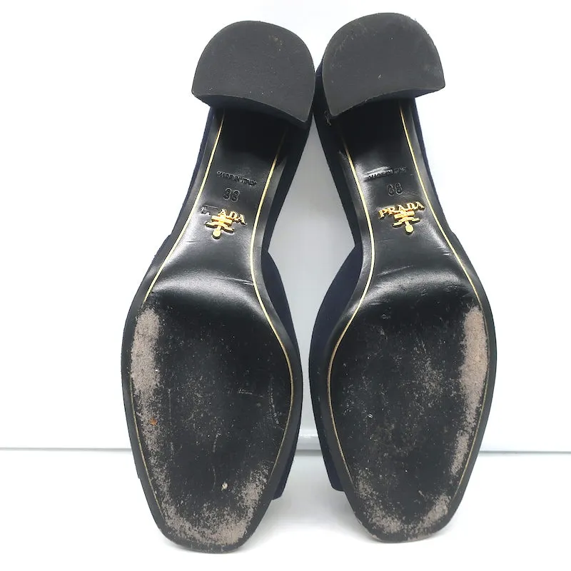 Prada Crystal Buckle Mules Navy Suede Size 38 Low-Heel Open Toe Sandals