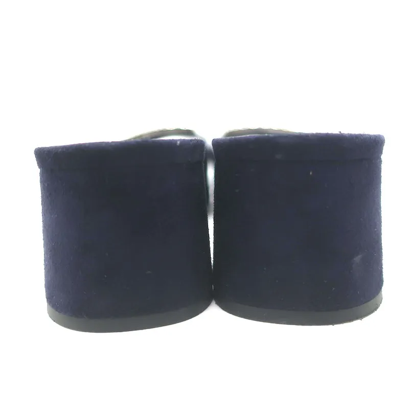 Prada Crystal Buckle Mules Navy Suede Size 38 Low-Heel Open Toe Sandals