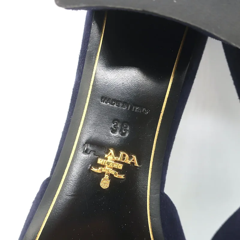 Prada Crystal Buckle Mules Navy Suede Size 38 Low-Heel Open Toe Sandals