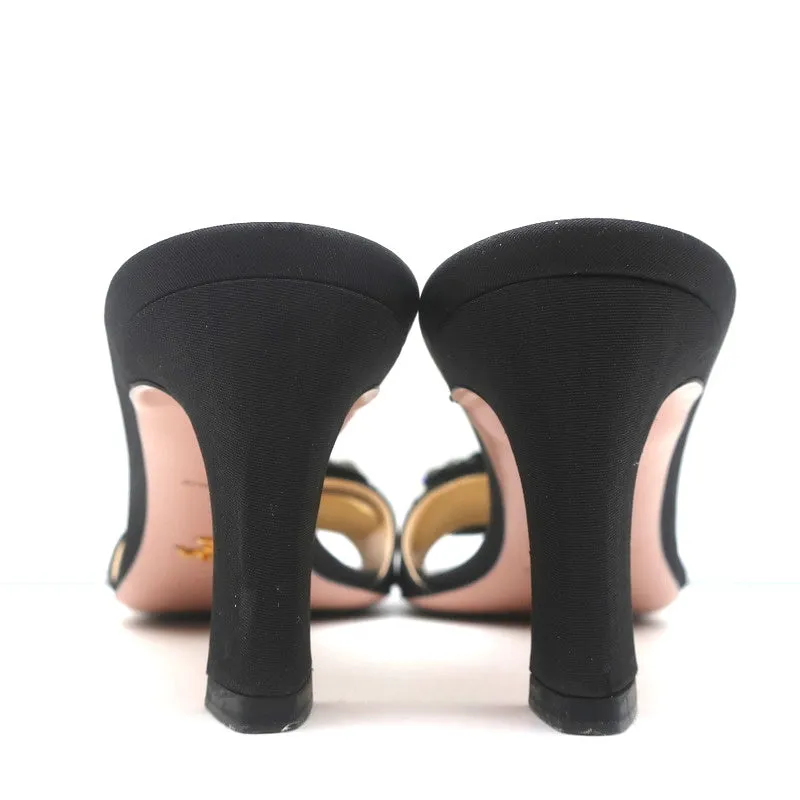 Prada Mules Black Embellished Leather & Faille Size 38 Open Toe Sandals