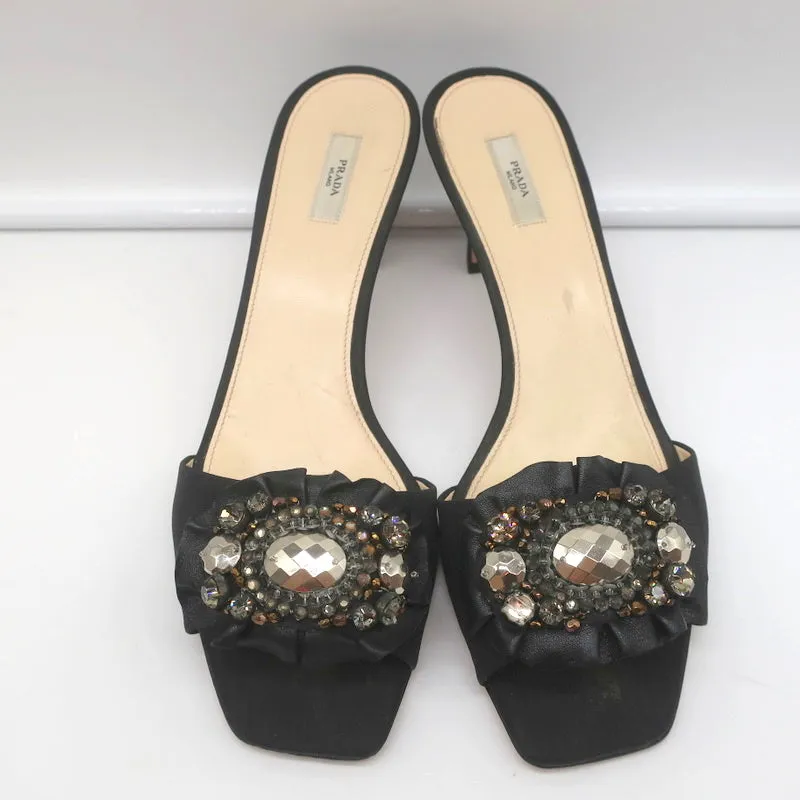 Prada Mules Black Embellished Leather & Faille Size 38 Open Toe Sandals