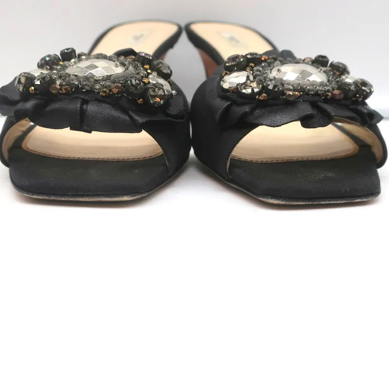 Prada Mules Black Embellished Leather & Faille Size 38 Open Toe Sandals
