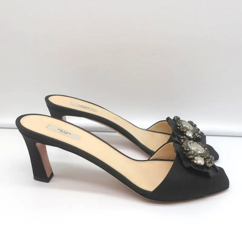 Prada Mules Black Embellished Leather & Faille Size 38 Open Toe Sandals