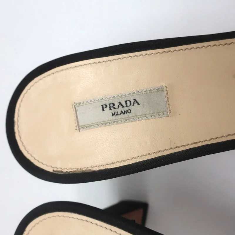 Prada Mules Black Embellished Leather & Faille Size 38 Open Toe Sandals