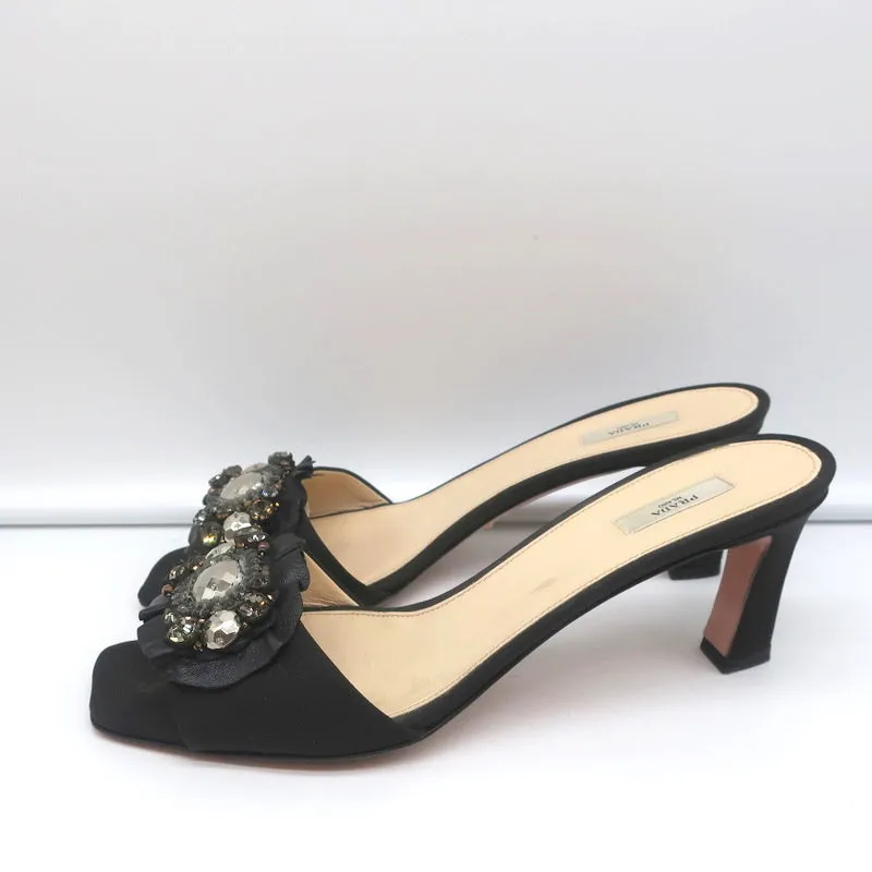 Prada Mules Black Embellished Leather & Faille Size 38 Open Toe Sandals