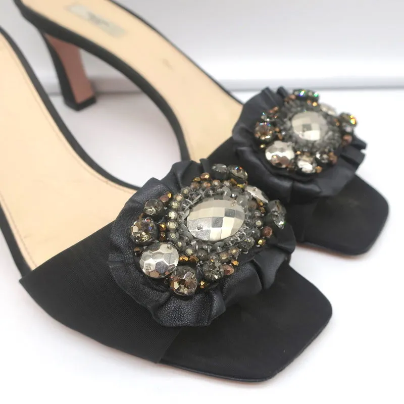 Prada Mules Black Embellished Leather & Faille Size 38 Open Toe Sandals