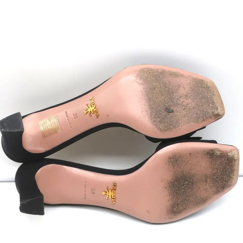 Prada Mules Black Embellished Leather & Faille Size 38 Open Toe Sandals