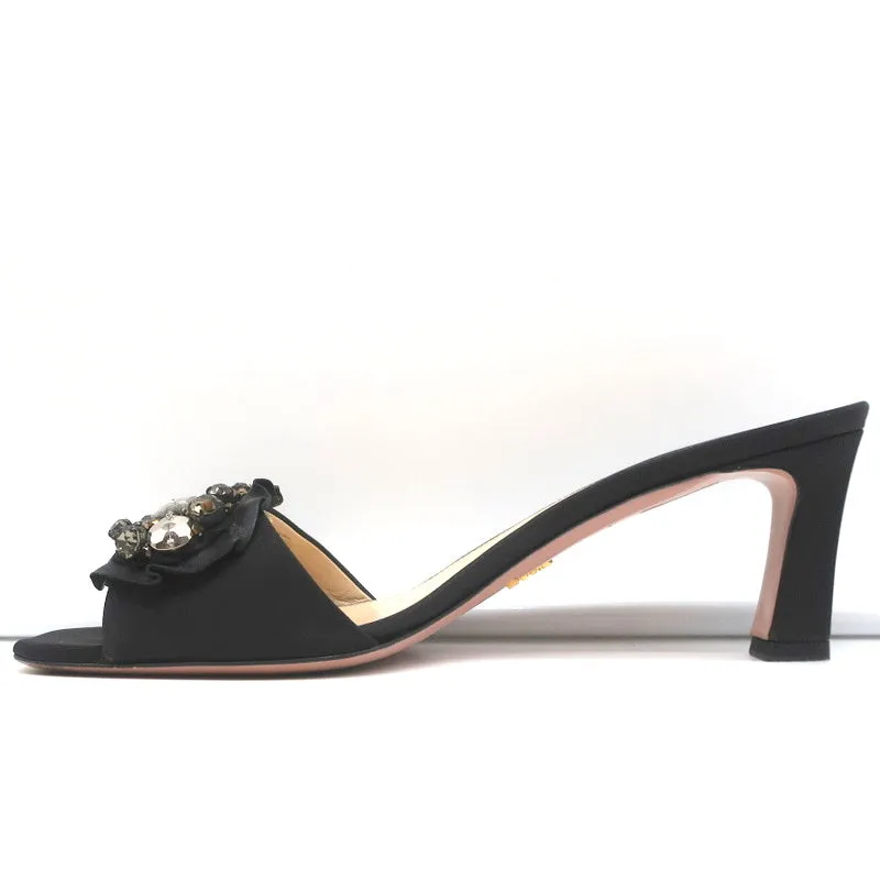Prada Mules Black Embellished Leather & Faille Size 38 Open Toe Sandals