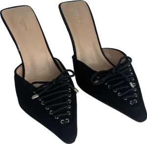 PrettyLittleThing Black Faux Suede Wide Fit Point Toe Laced Bow Detailed Heeled Mules UK 3 EU 36 👠