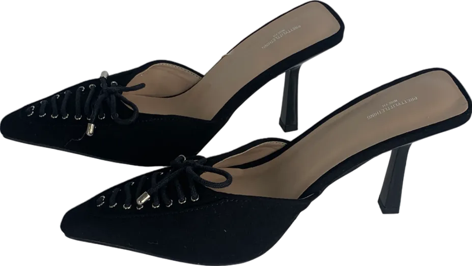 PrettyLittleThing Black Faux Suede Wide Fit Point Toe Laced Bow Detailed Heeled Mules UK 3 EU 36 👠