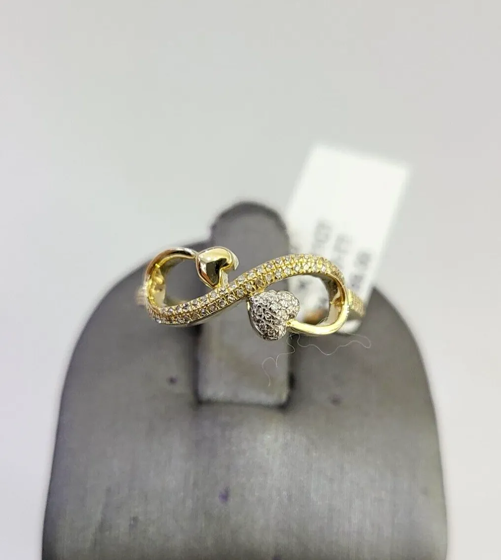Real 10k Infinity Hearts Diamond Ring Ladies Women Casual 10Kt Yellow Gold