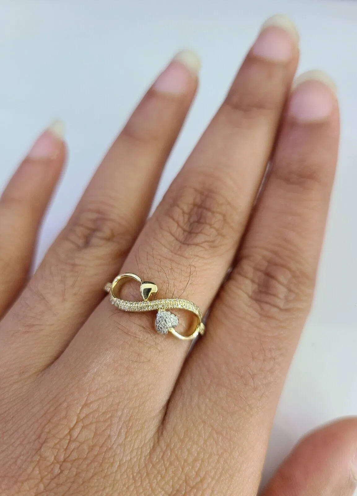 Real 10k Infinity Hearts Diamond Ring Ladies Women Casual 10Kt Yellow Gold