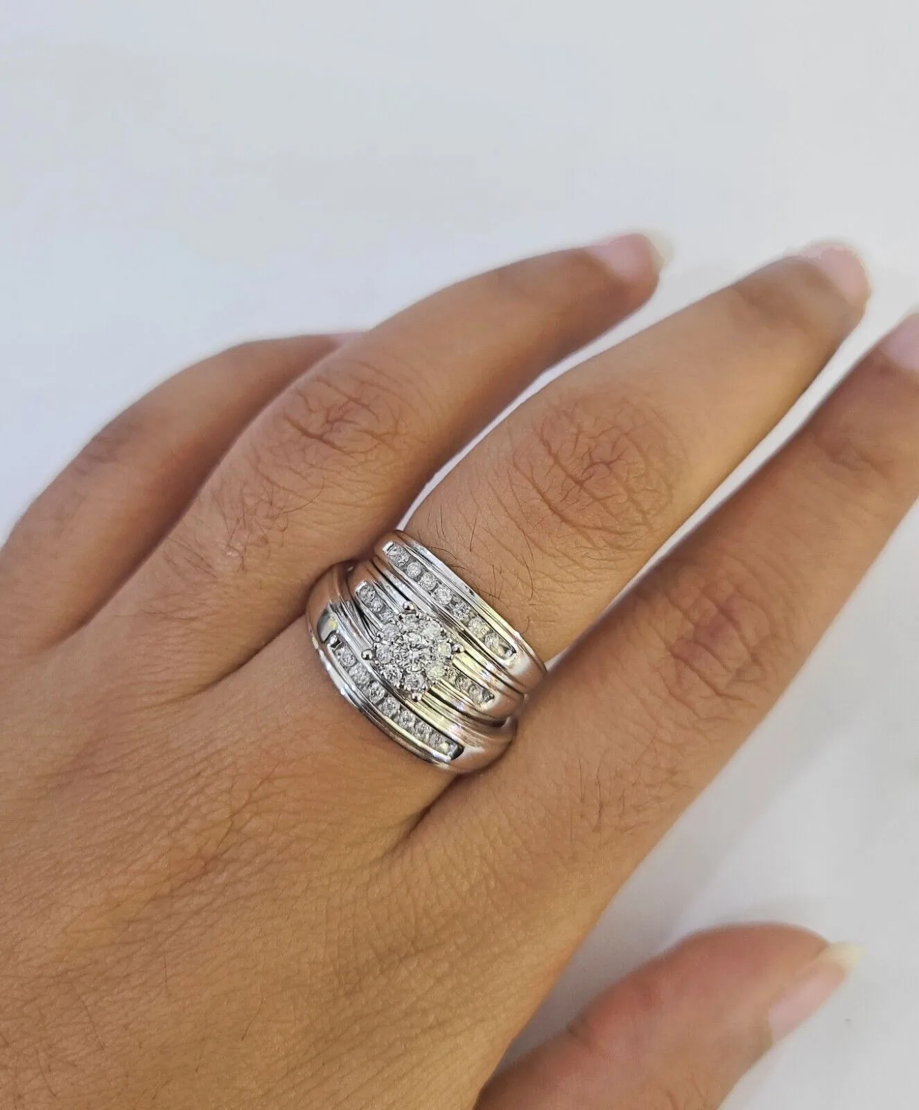 REAL 14k Diamond Ring White Gold Ladies Men Trio SET Wedding Engagement Genuine