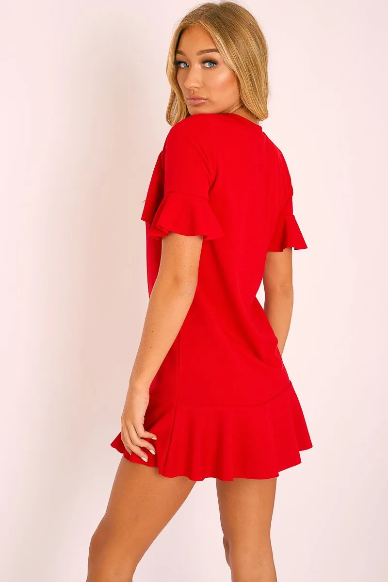 Red Frill Detail Peplum Dress - Birda