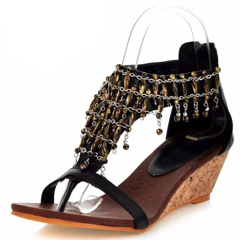 Rhinestone Bohemia Wedge Ankle Wrap Peep Toe Women Summer Sandals 2019 Crystal Lady Beading Flip Flops Plus Size 30-43 SXQ0505