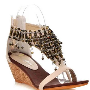 Rhinestone Bohemia Wedge Ankle Wrap Peep Toe Women Summer Sandals 2019 Crystal Lady Beading Flip Flops Plus Size 30-43 SXQ0505