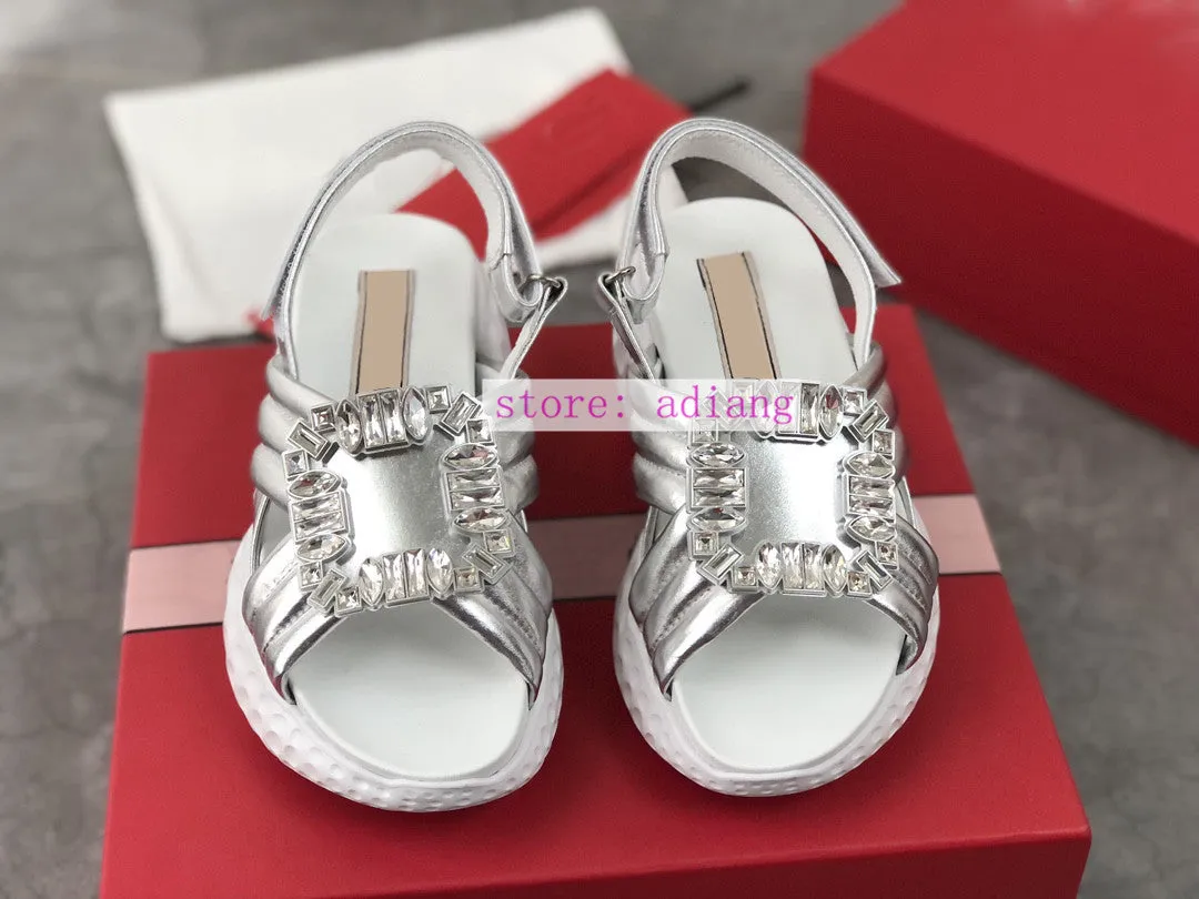 rhinestone buckle platform sandals casual flats mesh cow leather fashion women 2023 40-35