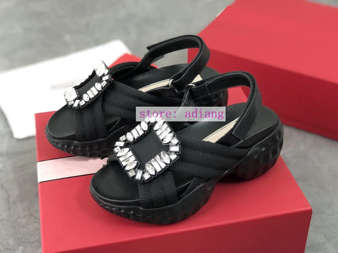 rhinestone buckle platform sandals casual flats mesh cow leather fashion women 2023 40-35