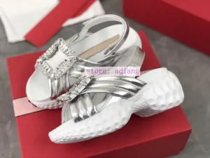 rhinestone buckle platform sandals casual flats mesh cow leather fashion women 2023 40-35