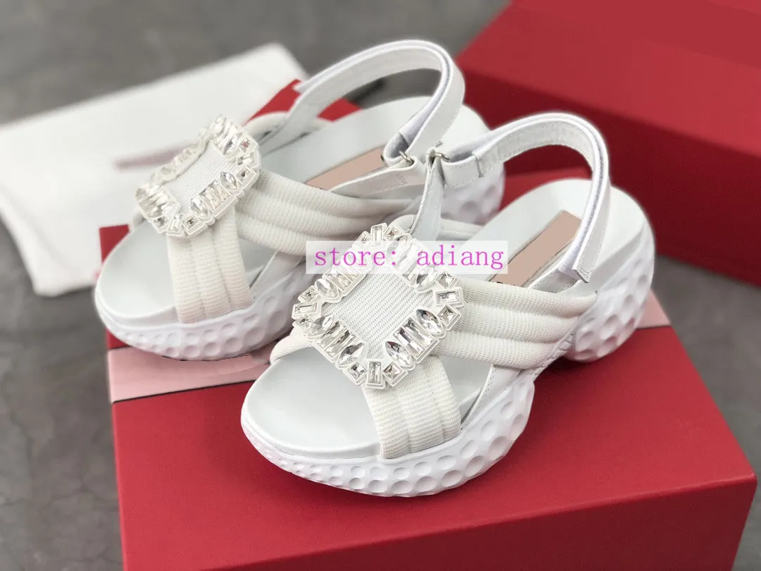 rhinestone buckle platform sandals casual flats mesh cow leather fashion women 2023 40-35