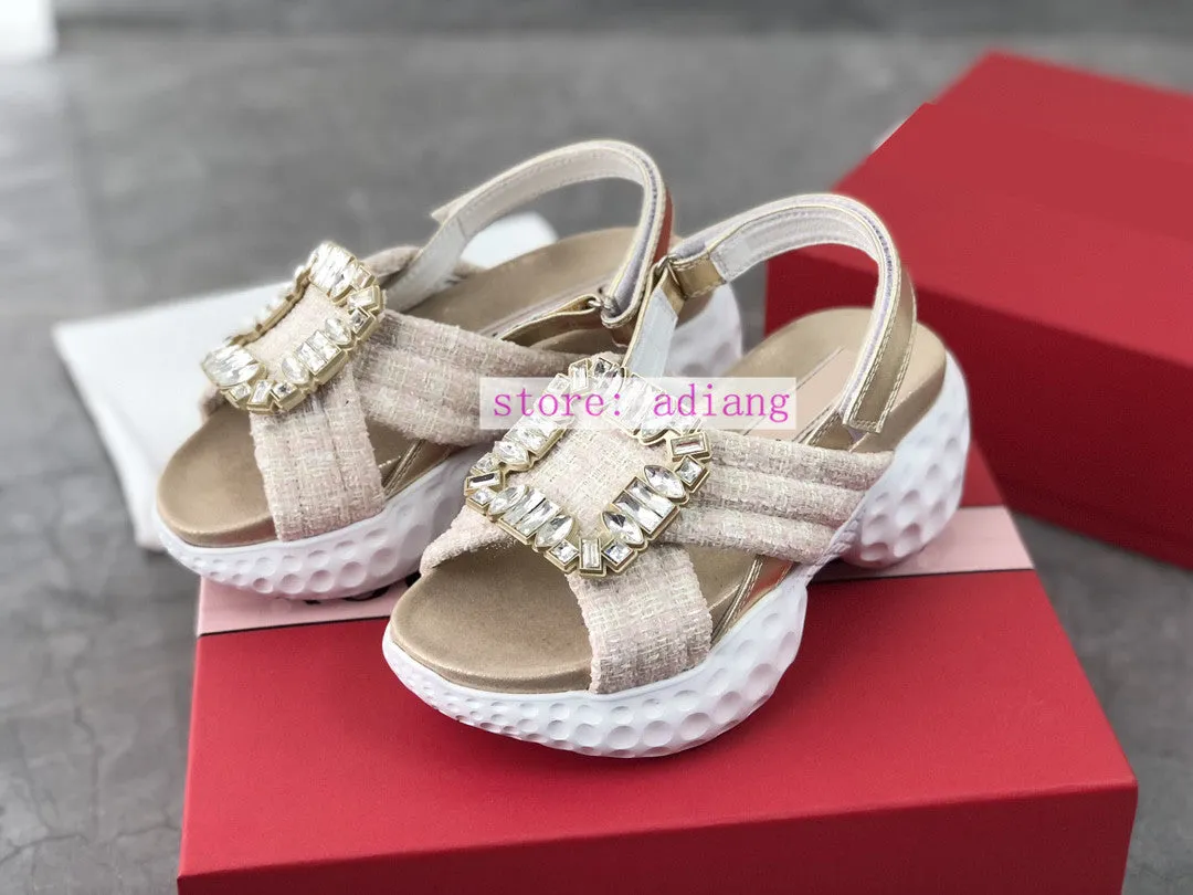 rhinestone buckle platform sandals casual flats mesh cow leather fashion women 2023 40-35