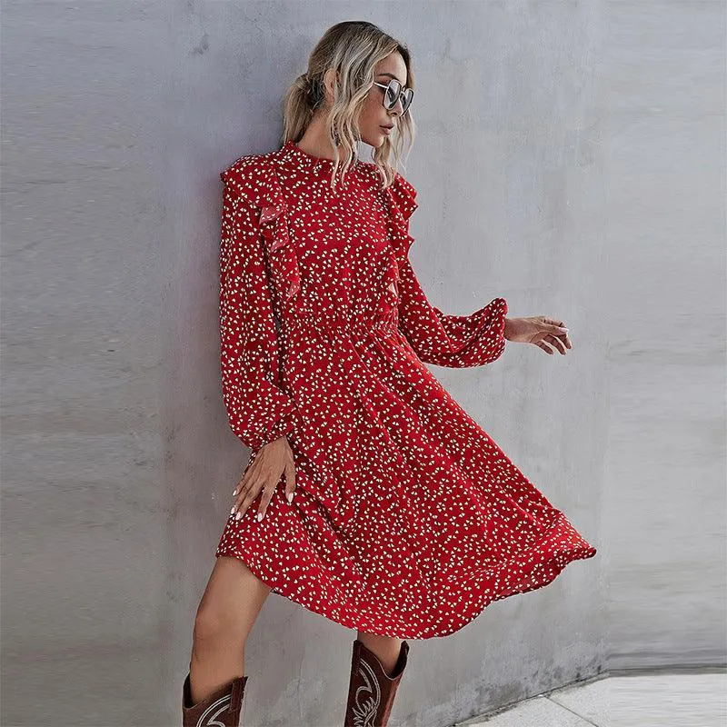 Ruffled heart-shaped dot print Ladies' Maxi dress