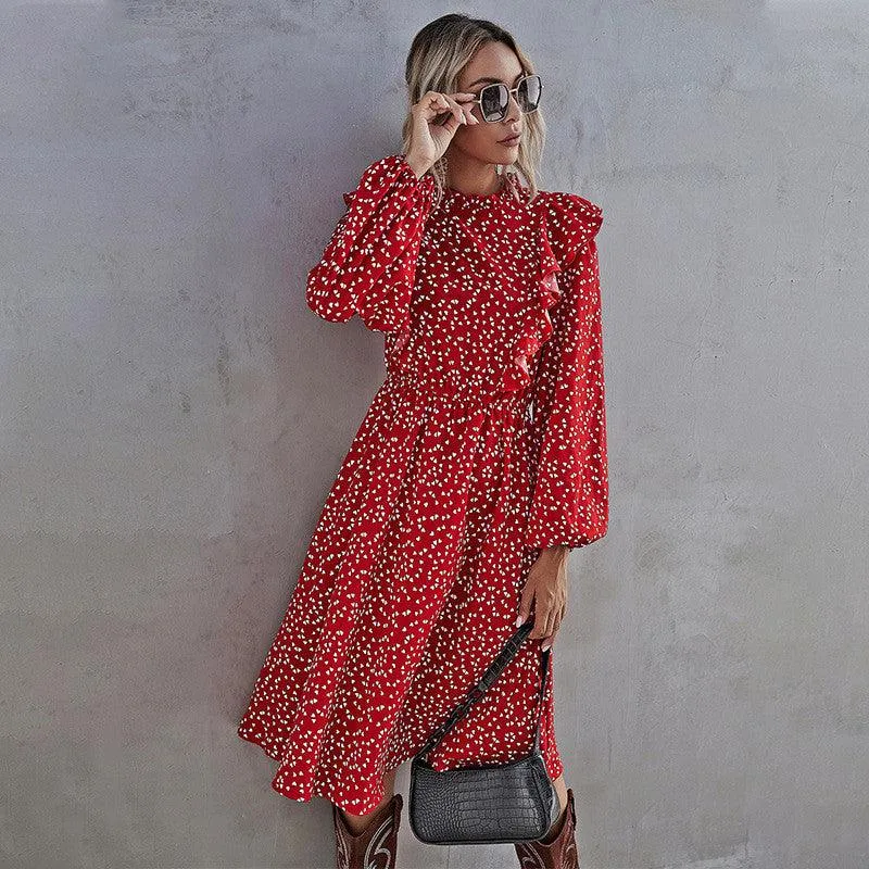 Ruffled heart-shaped dot print Ladies' Maxi dress